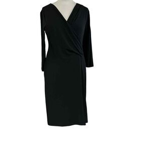 Talbots Womens SZ L Surplice Faux Wrap Dress Black‎ Stretch Heavy Knit